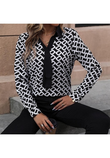 İlkbahar Ve Sonbahar Kadın Gömlek Bluz Mizaç Zarif Uzun Kollu Baskılı Kadın Gömleği Siyah