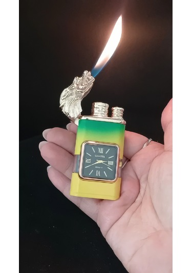 Gold Ejderha Başlıklı Neon Renkli Saatli Çakmak Çok Renkli