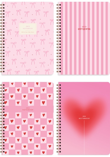 A5 Spiralli Karton Kapak 4'lü Set Kareli Okul Defteri 80 Yaprak - Ders Programlı Pembe Kurdele Kalp