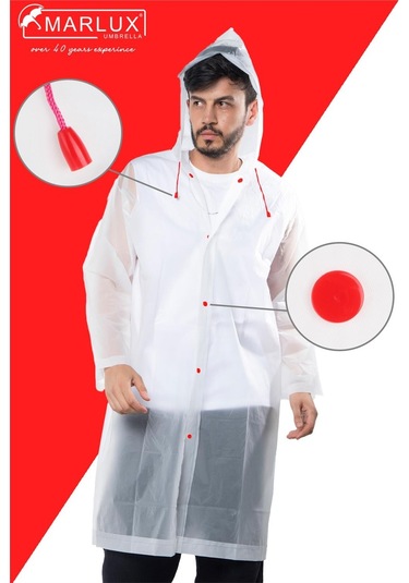 Marlux Unisex Su Rüzgar Geçirmez Kapüşonlu Çıtçıt Düğme Eva Yağmurluk - Beyaz - Kırmızı