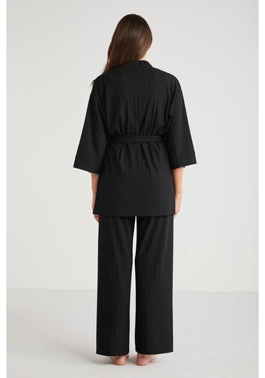 Penye Mood 3lü Kısa Kol Sabahlık Pijama Takımı Siyah