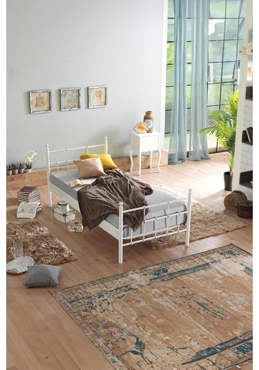 Lalas Tek Kişilik Ferforje Metal Karyola-beyaz Ahşap Latalı