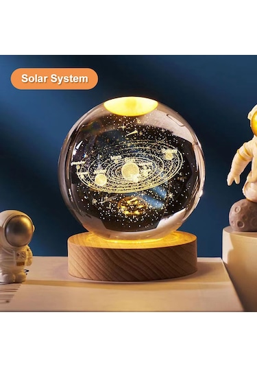 Reedark Güneş Sistemi Kristal Top Işıklı Süs 8cm - 7 Renkli Değişimli Isı Işığı Ahşap Tabanlı Odalar İçin Dekoratif Hediye Çok Renkli