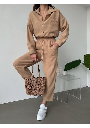 Kadın Oversize Keten Gömlek Pantolon Alt Üst Takım Camel