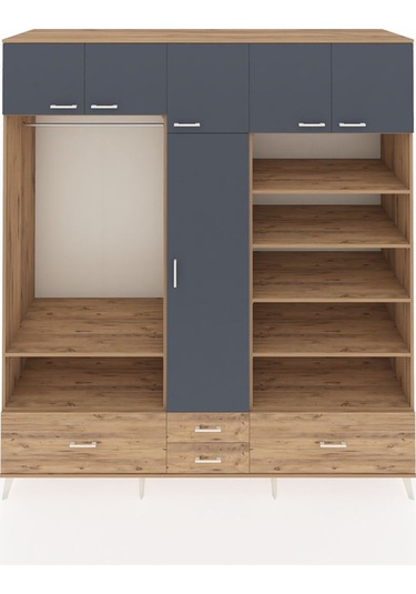 Kronos Dolap 18 Raflı 4 Çekmeceli Tek Askılı 220x59x243 Çam-antrasit/çam Antrasıt/atlas Çam