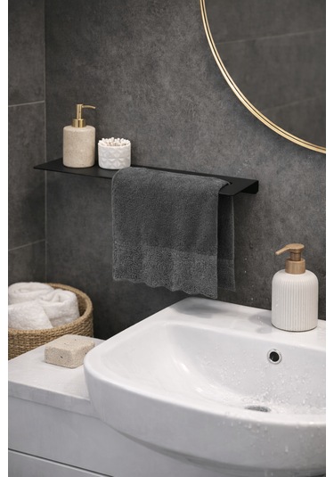 Raflı Siyah Metal Havluluk Modern Banyo Havlu Askısı Siyah