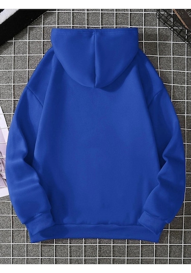 Yarım Kalp Sweatshirt - Saks Mavi Baskılı Oversize Kapüşonlu Sax Mavi
