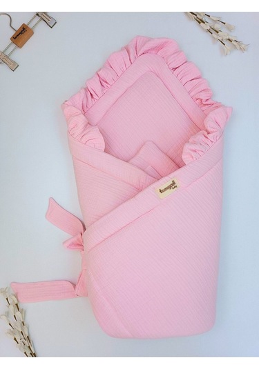 Ekru 4 Kat Müslin Bebek Battaniyesi %100 Pamuklu Doğal Organik Uyku Kundağı Hastane Çıkışı Yenidoğan Pembe