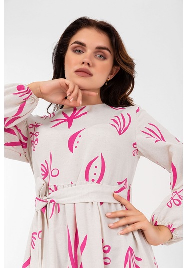 Desenli Yazlık Baharlık Keten Elbise 2103 Pembe