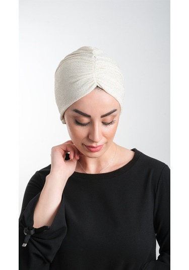 Krem Pratik Hazır Geçmeli Tesettür Bone Fukuro Simli Büzgülü 2116 Krem