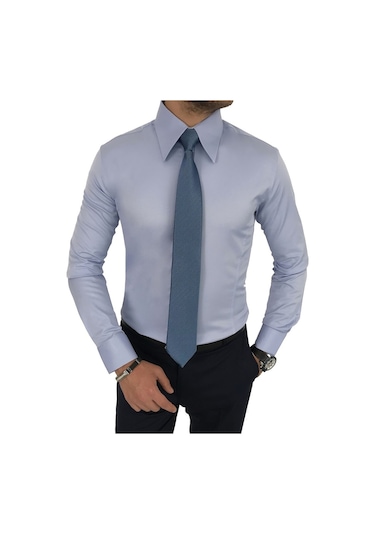 Italyan Stil Slim Fit Sivri Yaka Saten Erkek Gömlek Mavi T7215