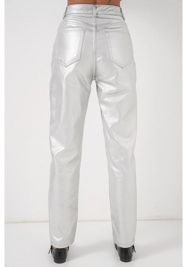 Kadın Yüksek Bel Parlak Pantolon 6738 - Gümüş Gümüş