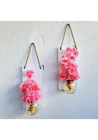 Led Işıklı, Pembe Bahardalı Çiçekli Duvar Dekoru Beyaz İkili Set Beyaz