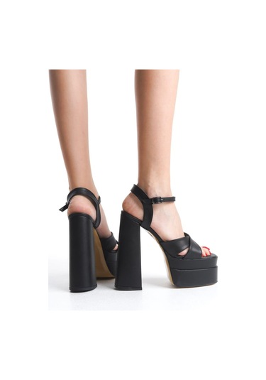 Preshley Kadın Elina Siyah Çapraz Bantlı 15 Cm Platform Topuklu Ayakkabı Siyah