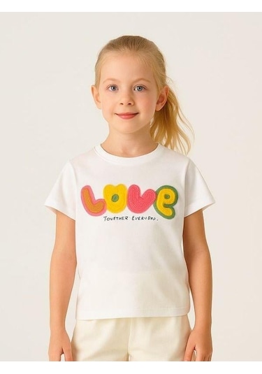 Cicihlid Kız Çocuk Pamuklu Punch İşlemeli Love T-shirt-15890 Ekru