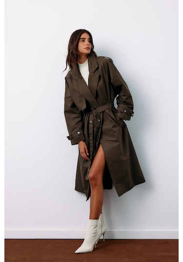 Sateen Kuşaklı Uzun Trençkot - Haki-135125 Haki