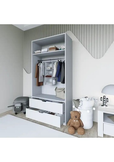 Duru 90 Cm Mat Beyaz 2 Kapılı 2 Çekmeceli Elbise Dolabı - Gardırop Beyaz