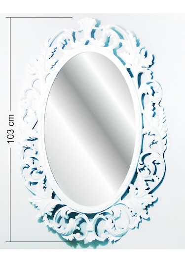 Antik Oymalı Desenli İşlemeli Rustik Beyaz Çerçeveli Boy Aynası Beyaz