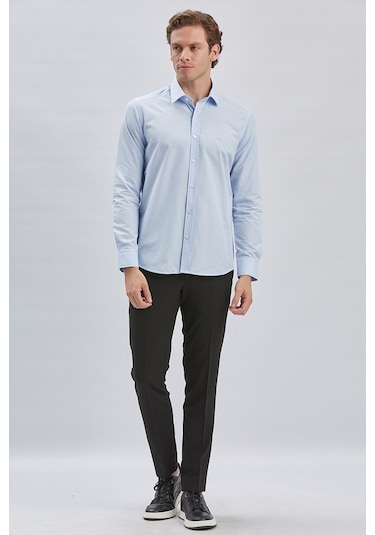 Koyu Mavi Uzun Kollu Bez Ayağı Sert Yaka Cepsiz Pamuklu Klasik Slim Fit Dar Kesim Gömlek 1004240230 Koyu Mavi