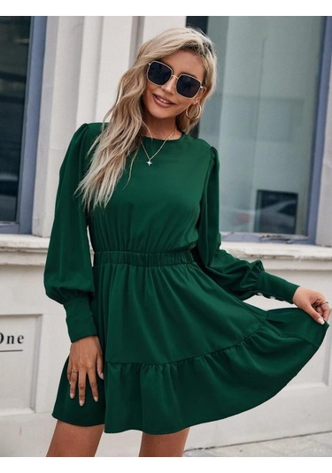 Kadın Uzun Kollu Bisiklet Yaka Beli Lastikli Fırfırlı Ithal Krep Elbise Yeşil