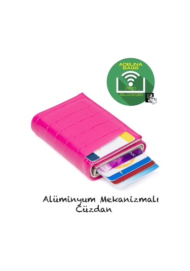 Adelina Timsah Desenli Fuşya Mekanizmalı Otomatik Kızaklı Kartlık Pembe