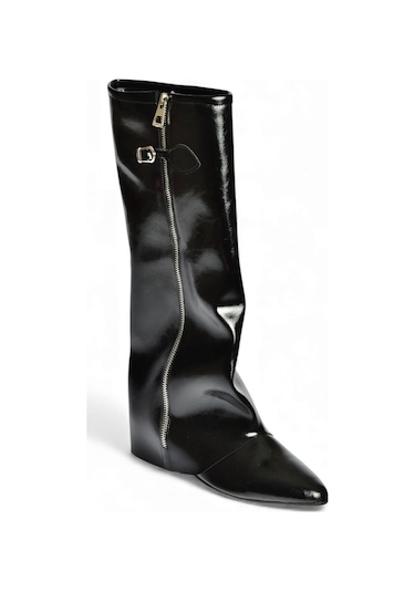Fox Shoes V380526460 Siyah Rustik Düz Taban Fermuar Detaylı Kadın Çizme Siyah