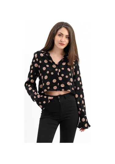 Omuzları Vatkalı Kolları Volanlı Puantiyeli Saten Gömlek - Siyah-camel-siyah-camel Camel - Siyah