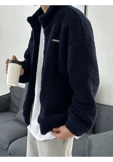 Oversize Tam Fermuarlı Kuzu Sweatshirt İçi Polarlı Sherpa Kumaş Sweatshirt Lacivert