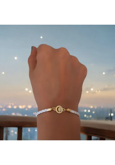 Archin Sonsuzluk Temalı 14 Ayar Altın Plakalı Doğal Beyaz Derili Ay Motifli Hediye Bileklik-477sembol Sonsuz Kelebek