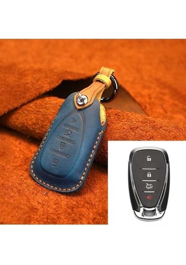 Tongxida Chevrolet Araba Sığır Derisi Anahtar Koruyucu Kılıf Mavi, Dört Tuşlu Sürüm İçin