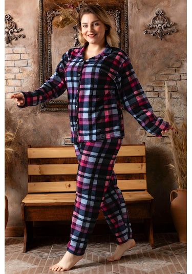 Sonbahar/kış Welsoft Polar Düğmeli Ekose Desenli Kadın Büyük Beden Pijama Takımı P200127-lacivert Lacivert