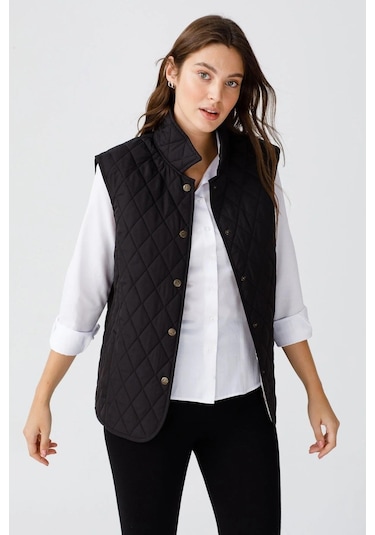 Desen Kolsuz Kapitone Yelek - Minimalist Oversize Günlük Siyah