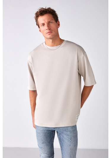 Joel Erkek %100 Organik Pamuklu Kalın Kumaşlı Özel Dokulu Etiket Detaylı Oversize Taş Rengi T-shirt