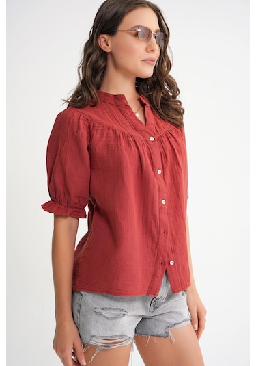 4725 Kadın Büzgü Robalı Kolu Fırfırlı Müslin Gömlek Kızılcık Kızılcık