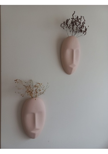 Dekoratif 2'li Yüz Duvar Vazosu, Duvar Süsü ,heykel Aksesuar Bej