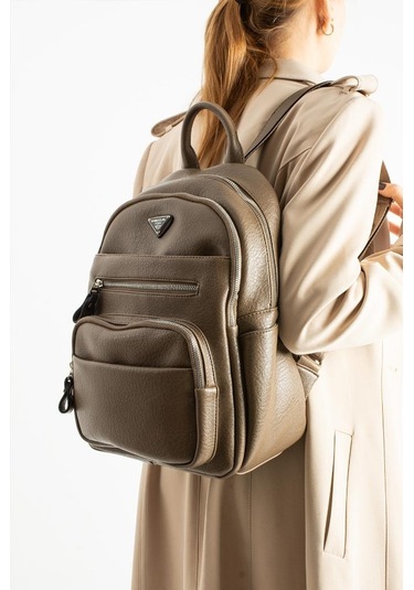 Vegan Deri Kadın Sırt Çantası 35 25 Cm Yağmur İtici Kumaş Mega Bag Günlük Kullanıma Uygun Vizon