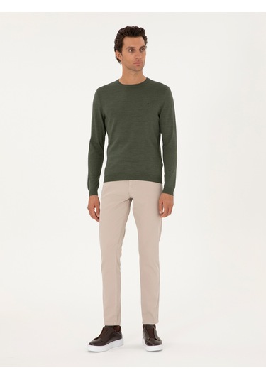 Cacharel Haki Slim Fit Yün Karışımlı Bisiklet Yaka Basic Triko Kazak Yesıl