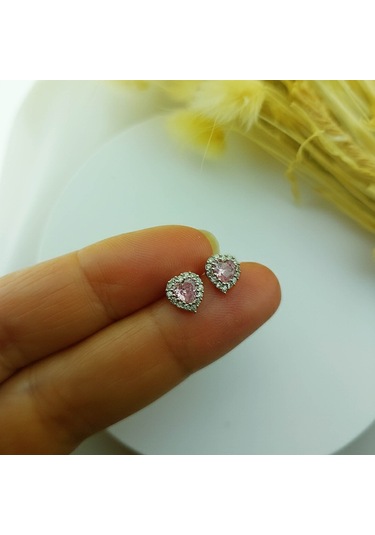 925 Ayar Gümüş Pembe Taşlı Kalp Küpe Gümüş
