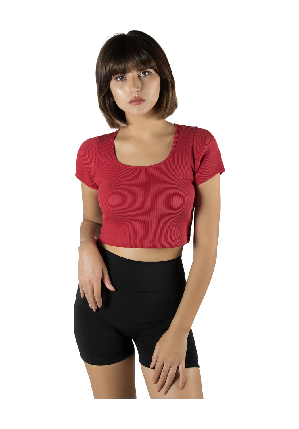 Kırmızı Havuz Yaka Fitted/vücuda Oturan Kısa Kol Crop Tişört Kırmızı