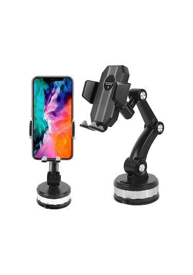 Mekanizmalı Dönebilen Uzayabilen Kollu Vantuzlu Akrobat Araç İçi Telefon Tutucu Siyah