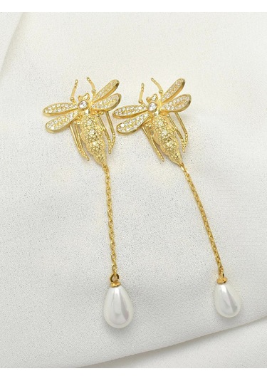 Brezza Lusso Jewelry Altın Kaplama Arı Figürlü Sallantılı Inci Bayan Küpe