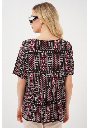 Kadın Desenli Kısa Kol Bluz 969 - Siyah Siyah