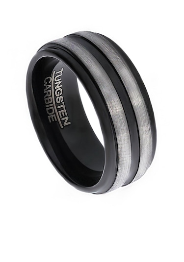 Erkek Gümüş İkili Çizgi Model Siyah Renk Tungsten Yüzük Siyah - Gümüş