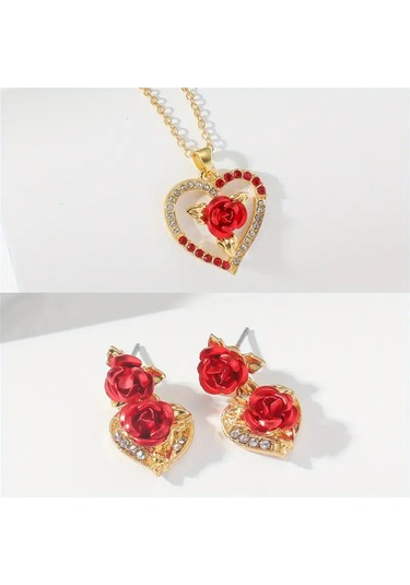 Elegance 3 Parça Altın Kalp & Gül Kolye Ve Küpe Seti Altın Kaplam Altın - Kırmızı