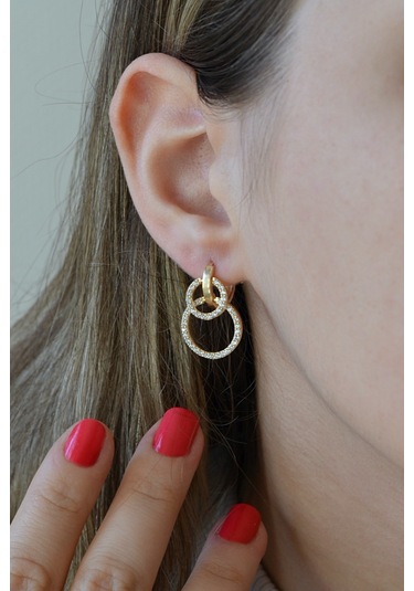 Altın Kaplamalı 925 Ayar Gümüş Tasarım Hareketli Halkalar Küpe - 12104602 Altın