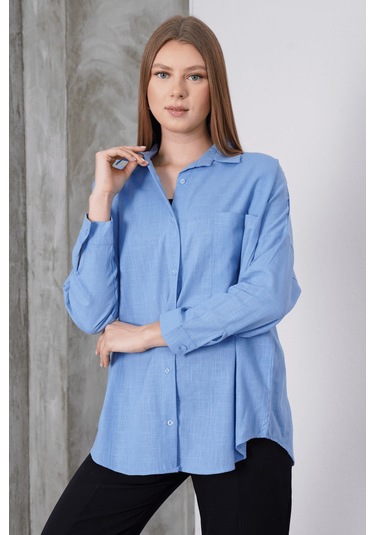 Paw Garage Kadın London Keten Tek Cepli Oversize Gömlek, Premium Kalite Keten Gömlek Mavi