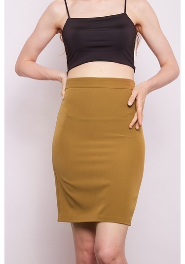 Yüksek Bel Diz Üstü Likralı Pamuklu Şık Kumaş Kalem Etek-Koyu Har