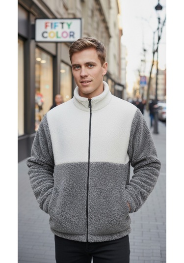 Premium Kalite Renk Bloklu, Fermuarlı, Dik Yaka, Sherpa, Polar, Peluş Ceket Gri - Beyaz
