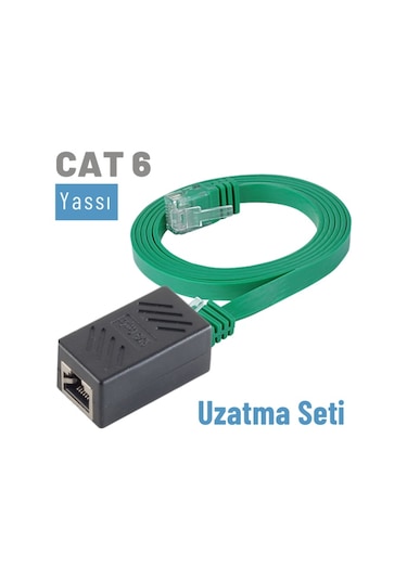 Irenis CAT6 Kablo Uzatma Seti. Yassı Ethernet Kablo ve Ekleyici 3 M-Yeşil
