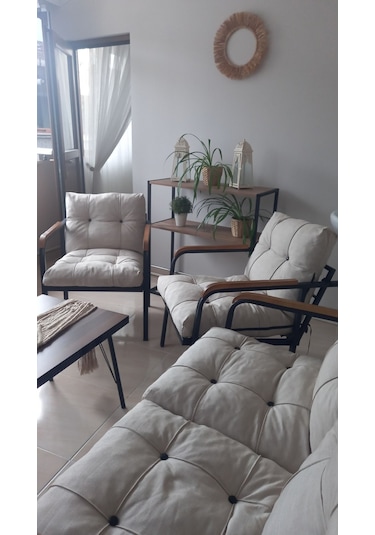 Modern Mars Balkon, Bahçe, Cafe - Salon - Metal Kanepe Koltuk Takımı - 2+1+1 + Sehpa Krem Modernsh60 Krem